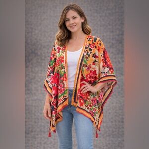 Nine West Tropical Floral Open Front Kimono Top Orange Red NWT OS